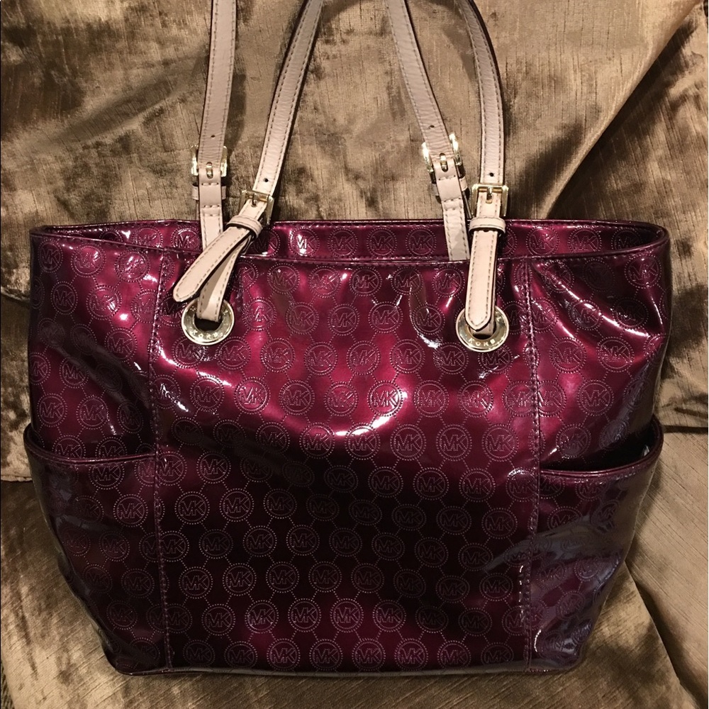 Michael Kors Patent Leather Signature Tote- Burgundy